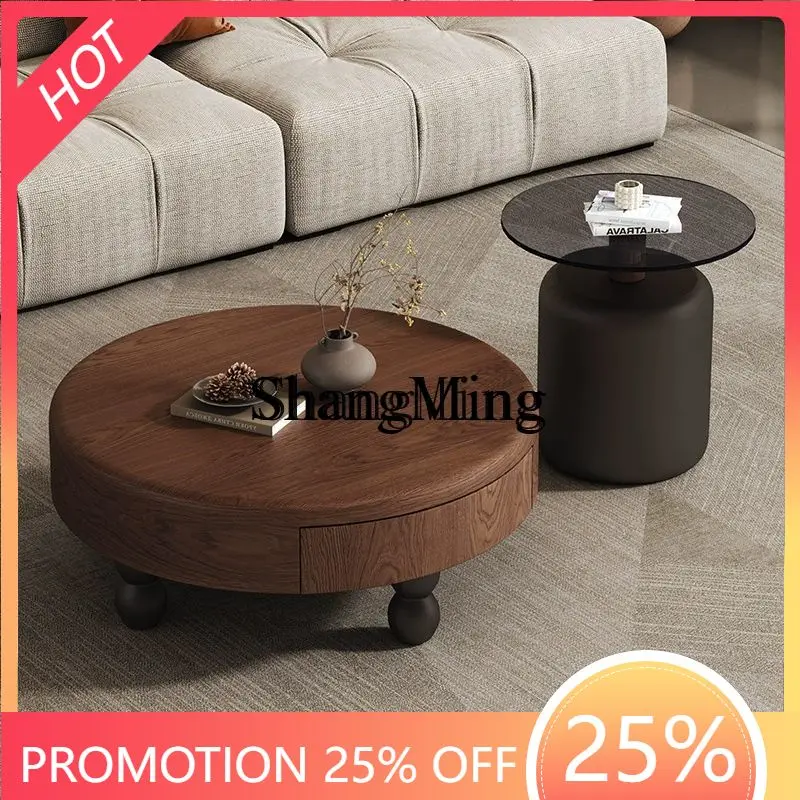 

CL room home imitation solid wood retro coffee table modern simple round creative light luxury combination