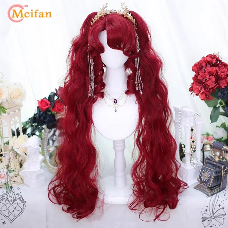 MEIFAN Synthetic Long Wavy Curly Ponytail Lolita wig with Bangs Girl Cute Ombre Blonde Cosplay Party Halloween Harajuku