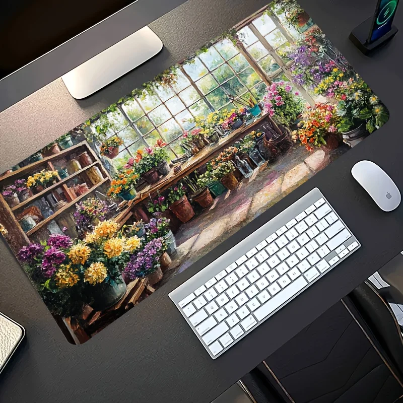 1pc Large Esports Gaming Mouse Pad, Sunroom with Blooming Flowers Pattern, Non-Slip Washable Rubber Base