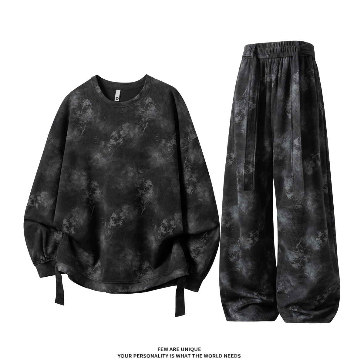 2026 Spring/Autumn New Men's Landscape Printed Hoodie and Pants Set with Ribbon Design, Casual Sports Two Piece Set