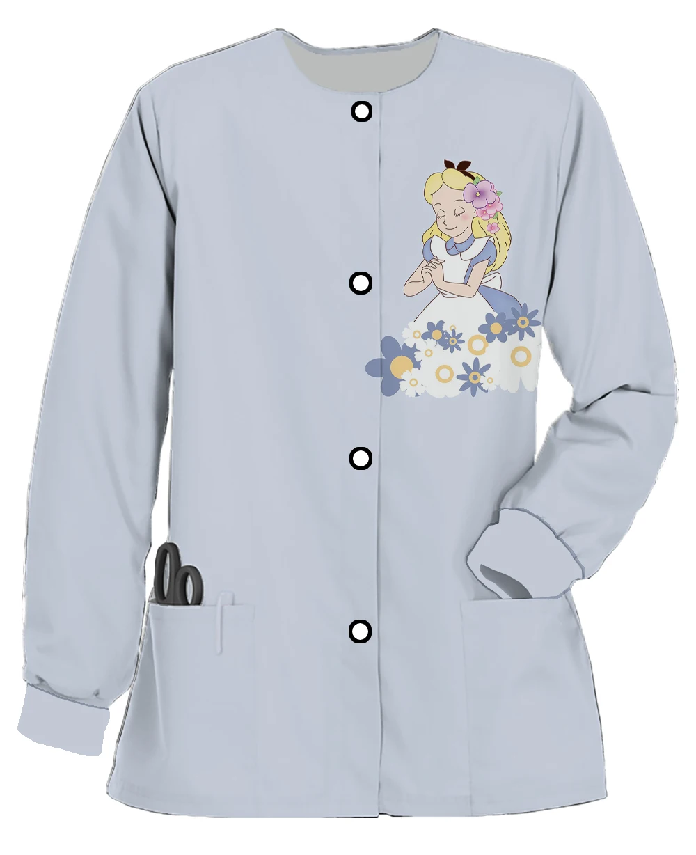 Alice women's work clothes, printed cardigans, Disney series, printed long-sleeved jackets, dental pet shop nursing clothes