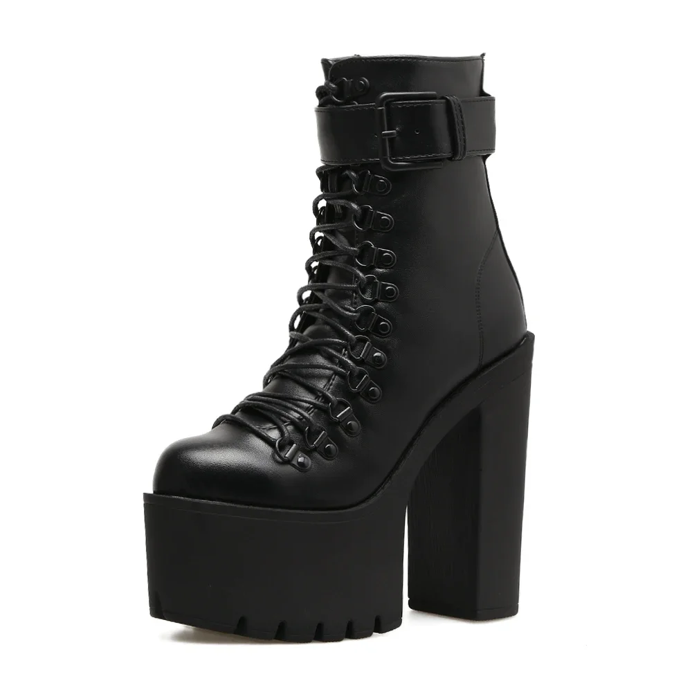 Women\'s Platform Chunky High Heel Ankle Boots Black Buckle Strap Lace Up Side Zipper Motorcycle Boots Punk Style Shoes