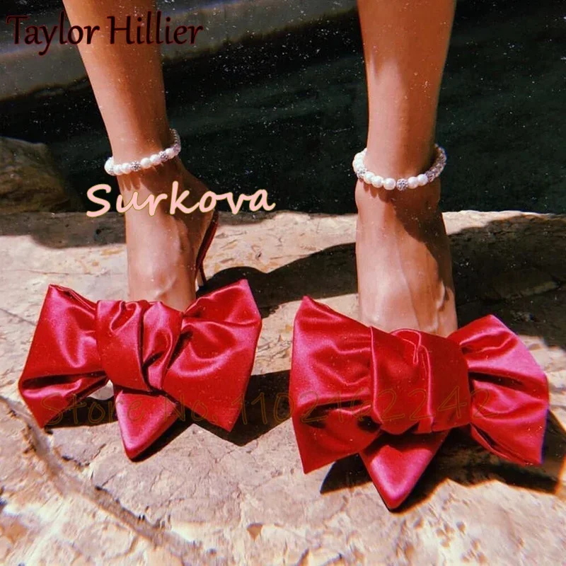 

Silk Bowknot Pointed Thin Heels Slippers Elegant Shallow Mouth Modern Slippers Summer New Comfortable Casual Slip On Slides 46