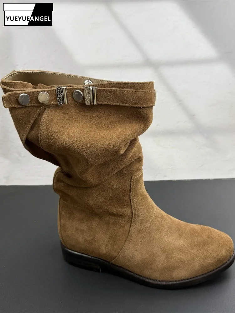 Womens Genuine Leather Mid-Calf Boots Cow Suede Retro Slip-on Round Toe High Top Shoes Solid Color Square Heel Footwear Hot Sale