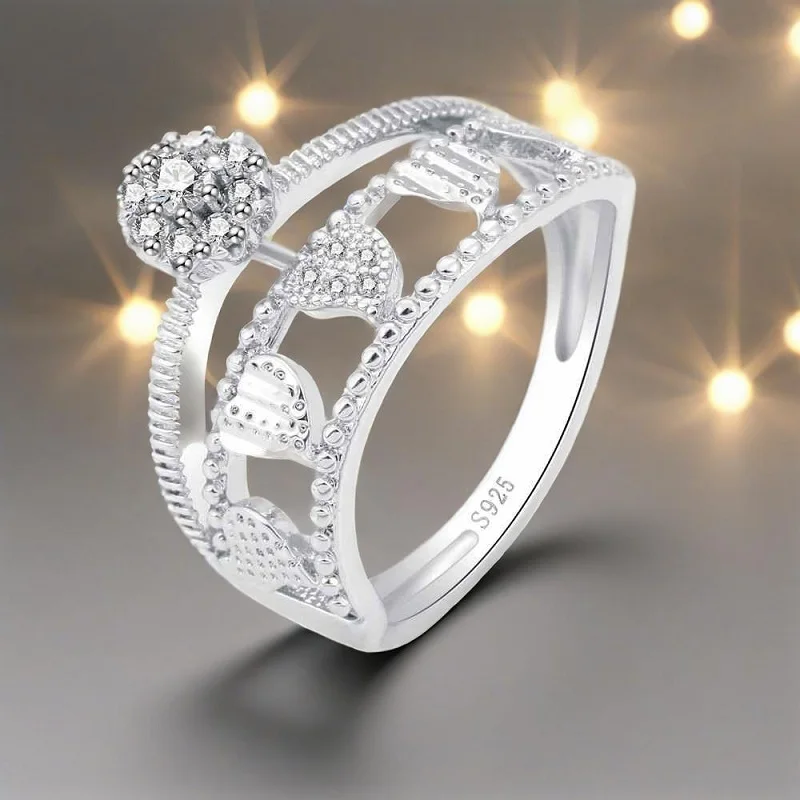 Gorgeous 925 Sterling Silver Double Layer Heart Shape Crystal Cubic Zircon Rings for Women Wedding Party Fashion Jewelry Gifts