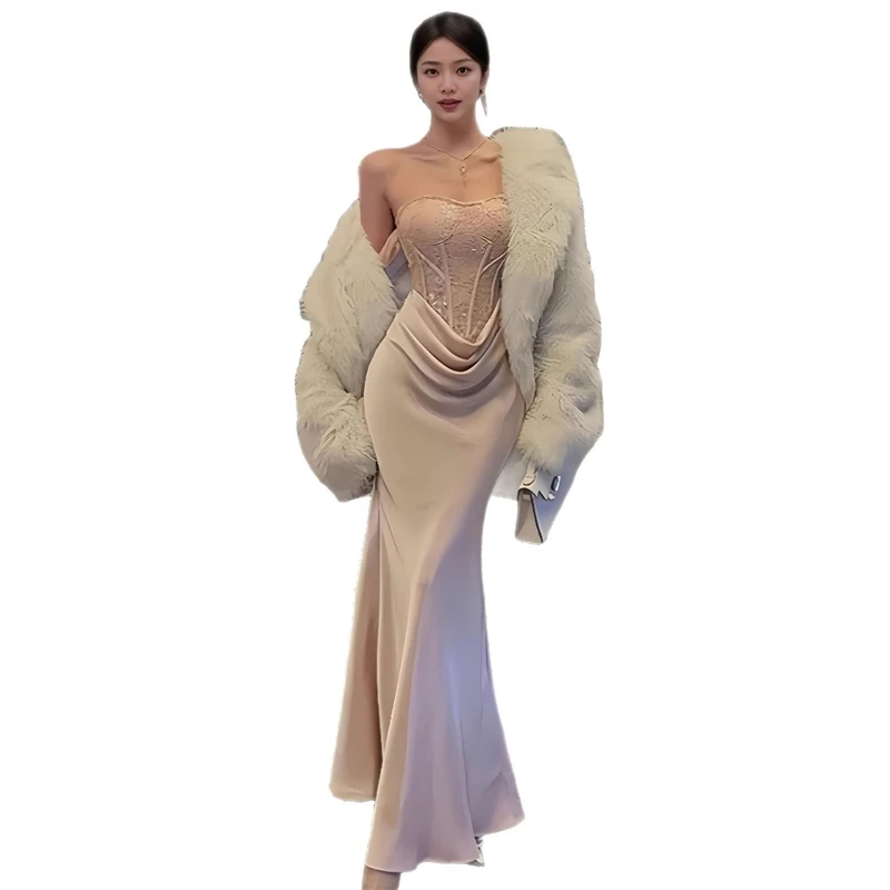 Vestido trompeta elegante de retazos de satén para mujer, ropa Vintage con hombros descubiertos, Vestidos elegantes para fiesta de cumpleaños para mujer, ceñidos