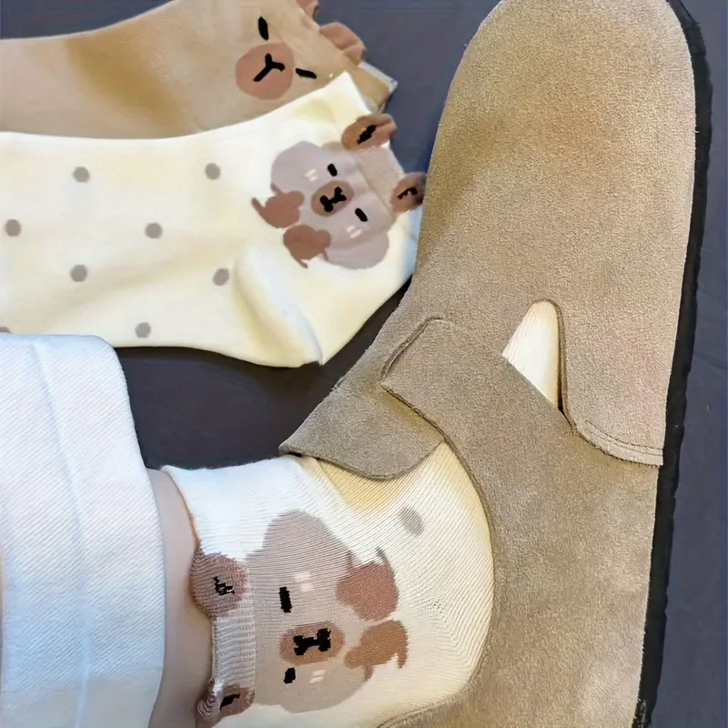 5 أزواج من الجوارب النسائية على شكل دب كرتوني على شكل حيوانات، تصميم مخطط ناعم منقط، قابل للتنفس وقابل للغسل في الغسالة للارتداء اليومي #4