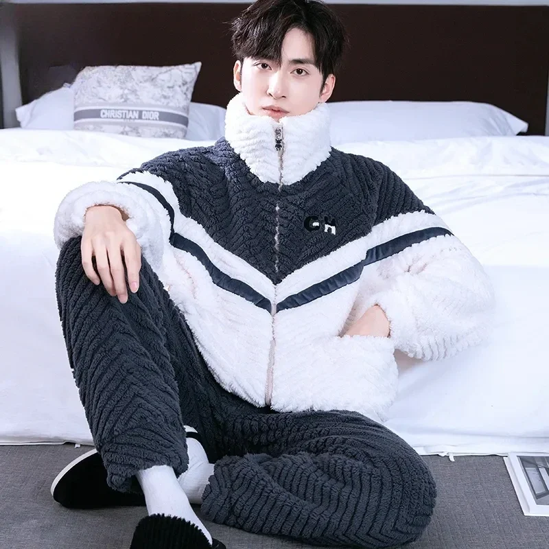 

Male Winter Pajamas Coral Fleece Thickened Fleece-lined Teenagers Zipper Homewear Suit Men Stand Collar Warm Nightclothes Sets