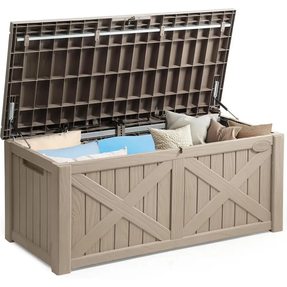 

Large 120 Gallon Outdoor Storage Box, Lockable Deck Box with X-Shaped Front, Taupe Waterproof Cushion Storage Bench for Patio, P