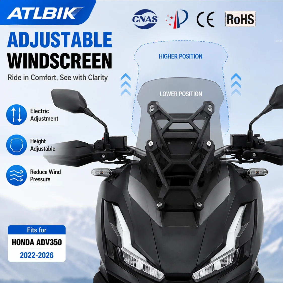 Motorcycle Electric Windscreen Lift Kit For Honda ADV350 ADV 350 2022-2026 Adjustable Windshield Height Riser Bracket Waterproof