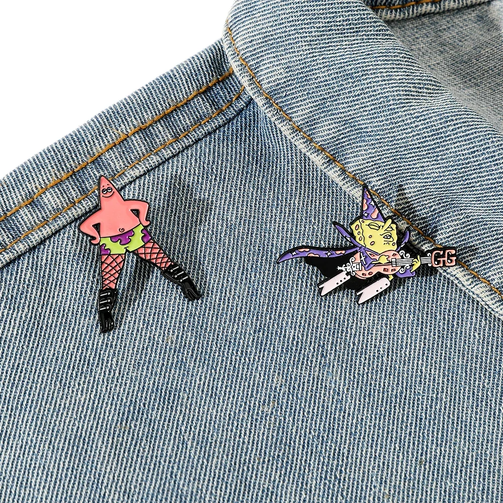 2Pcs Cartoon Brooch Witch SpongeBob SquarePants Patrick Star Enamel Pin Backpack Clothing Jewelry Metal Badge Accessories Gifts