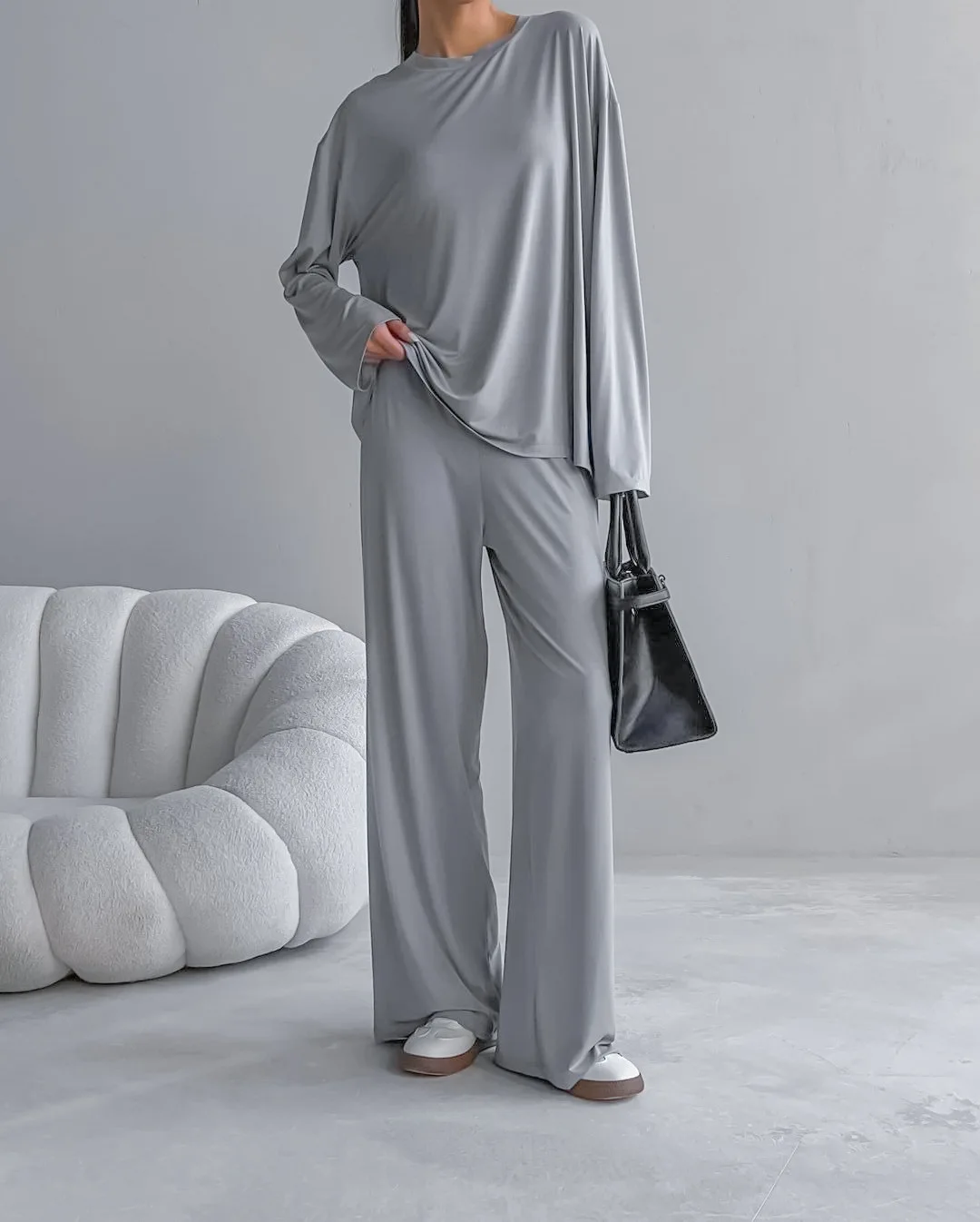 

Повседневные домашние комплекты брюк, летние однотонные удобные пуловеры с длинными рукавами и круглым вырезом, топ, брюки с эластичной резинкой на талии, комплект из двух предметов