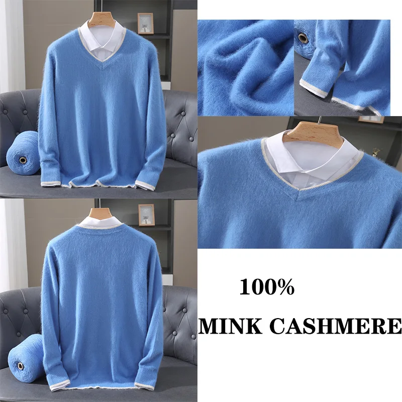 جديد الخريف/الشتاء سترة صوفية للرجال 100% المنك الكشمير الخامس الرقبة البلوز سترة ، فضفاض المتضخم محبوك قاعدة ، سترة دافئة