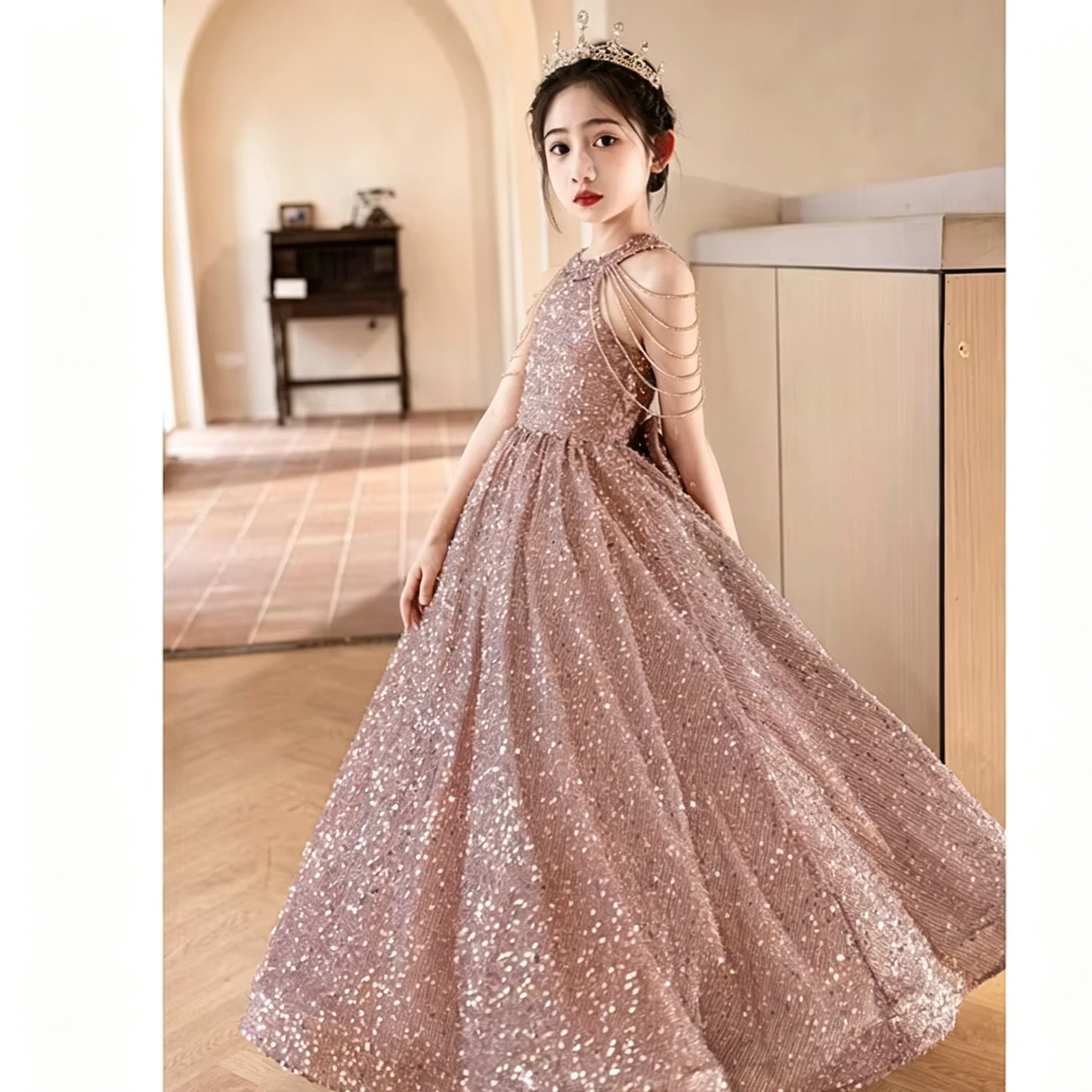 Customized Flower Girl Dress for Wedding Glitter High Waist Floor Length Elegant Kids Birthday Party First Communion Gown
