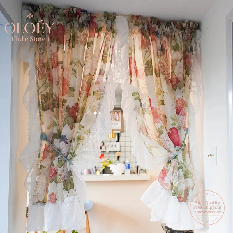 

French Ruffled Sheer Curtains for Kitchen Flower Short Half Window Sink Door French Tulle Romantic Drapes Cottage Style Decor