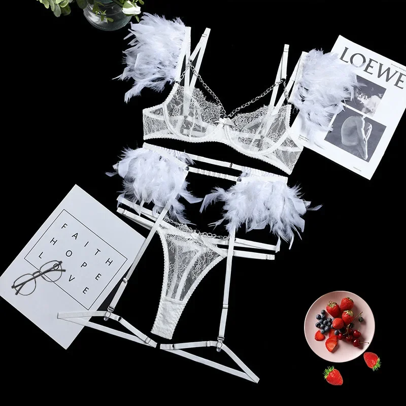 

Women's Sexy Lingerie Lace Transparent Feather Lace Sexy Lingerie Bra Set and Suspender Lingerie Sexy Bra Transparent Bra