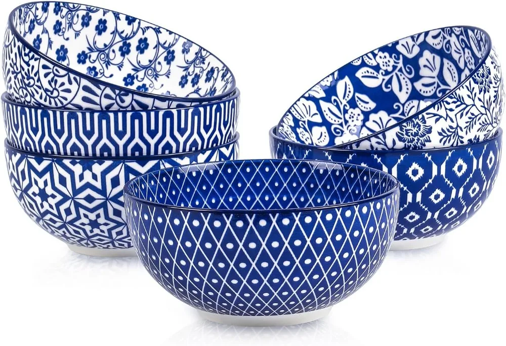 

24oz Ceramic Cereal Bowls Set, Microwave & Dishwasher Safe, Decorative Blue Patterns for Family Dining & Gifts