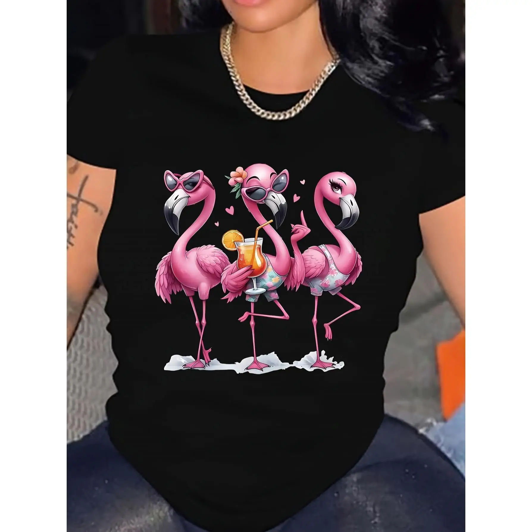 

Women's Casual Short Sleeve Crew Neck T-Shirt Flirty Pink Flamingo with Cocktail and Tropical Print Machine Washable Summer Tops