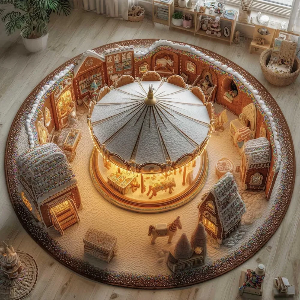 3D Fantasy Carousel Village Print Round Rug,Winter Village Illusion Rug, Fairytale Illusion Mat, Whimsical Storybook Area Rug