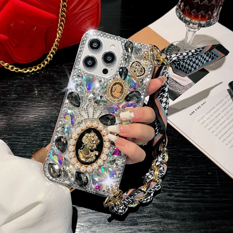 Handmade Glitter Gem Crystal Diamond Bling Case with Silk Scarf and Wrist Strap, Case for Huawei Honor 90 100 P30 P50 P40 8X 9X