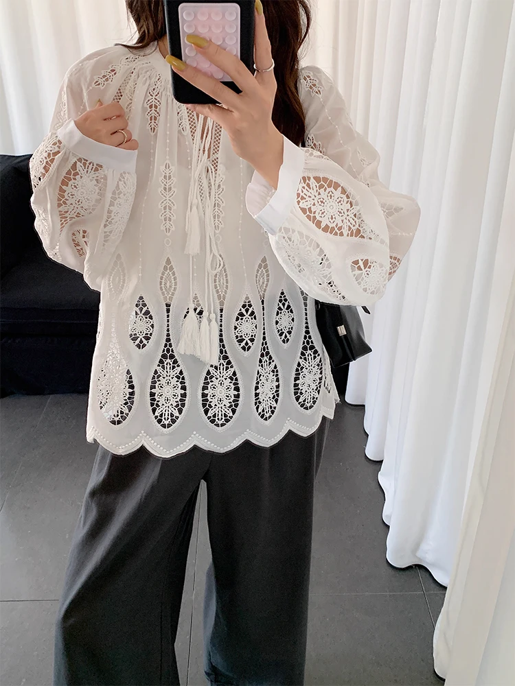

Korean Chic Autumn New Style French Embroidery Hollow Jacquard Design Sense Versatile Lace Up Long Sleeved Shirt for Women