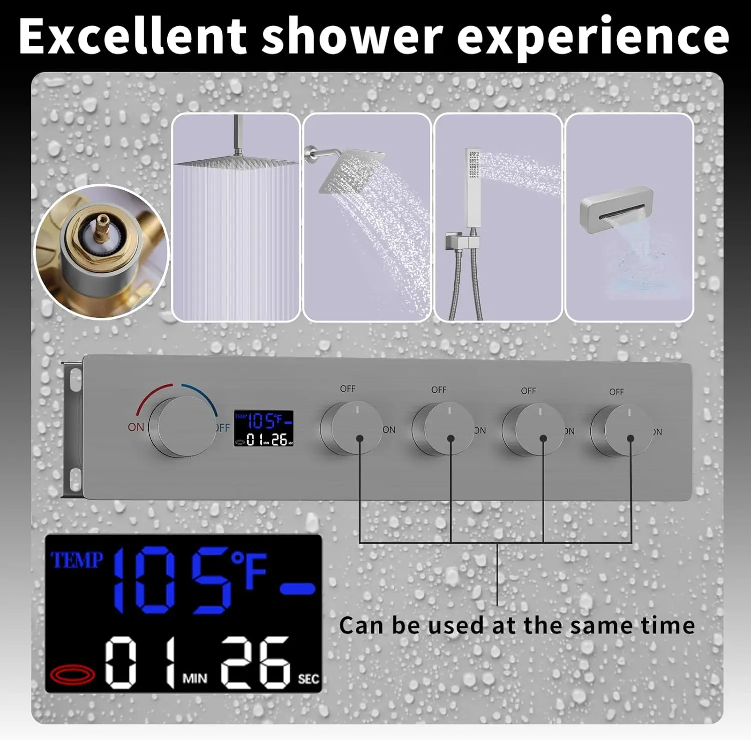 Duschset in gebürsteter Nickelfarbe mit Digitalanzeige, thermostatisches Duschsystem, Badezimmer-Duschset