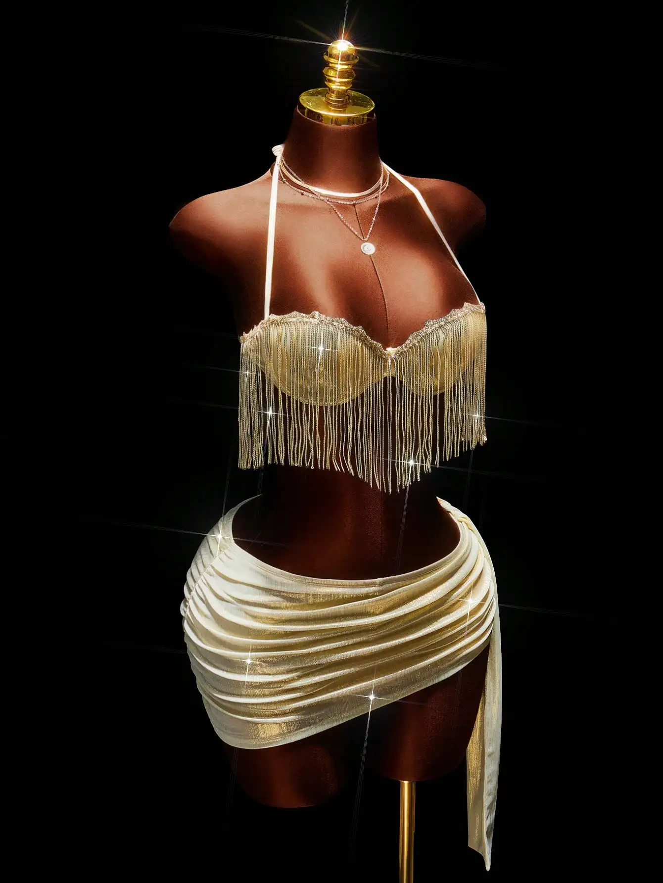 Sequin Tassel Crop Top And Ruffle Asymmetric Hem Mini Skirt Set Sexy Party Outfit