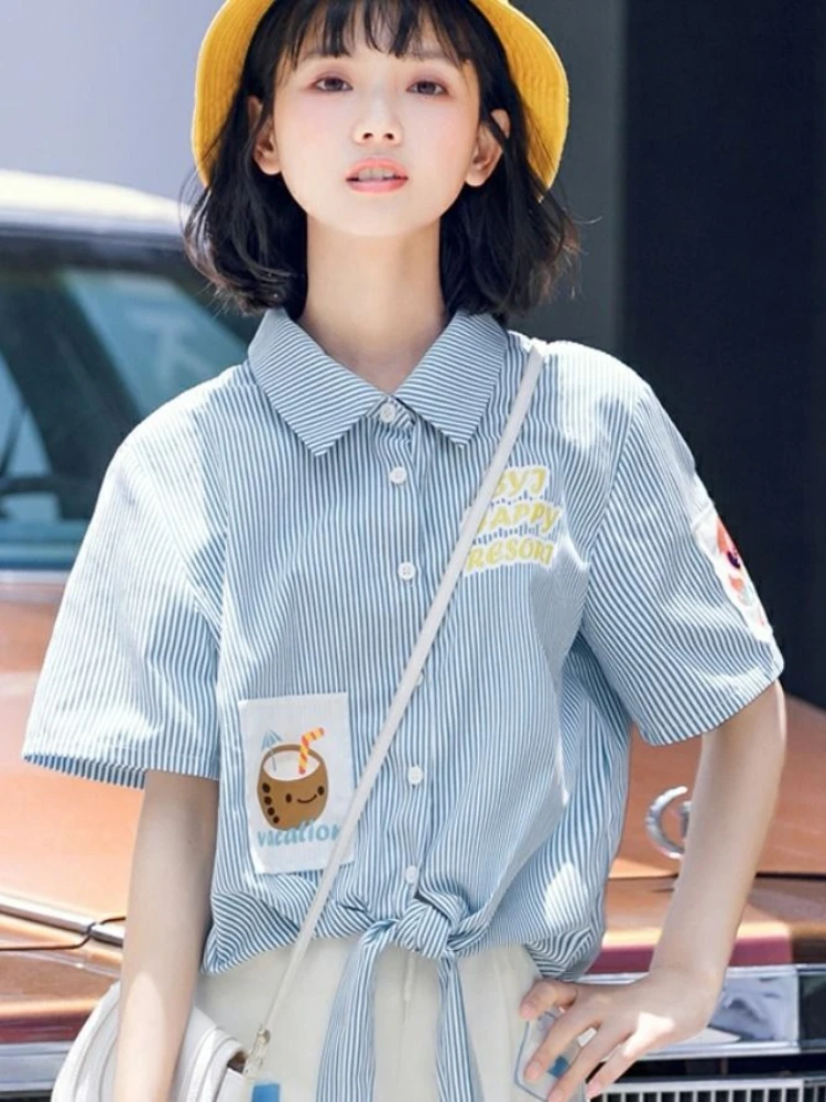 

2025 Summer New Shirts Striped Cartoon Print Lace-up Crop Tops Japanese Sweet Blouses Preppy Style All Match Women's Clothing