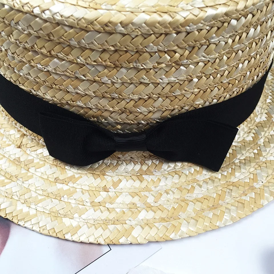 Kids girls nature sun hat Flat Bowler hat Wheat Straw hat Boy Children women casual summer beach hat bow ribbob sunscreen hats