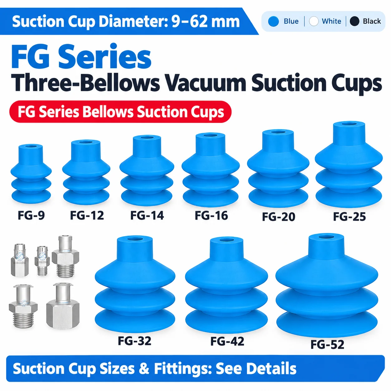 FG Series 2.5 Flods Bellows Vacuum Suction Cups 9mm-62mm Silicone Rubber Pneumatic Gripper Pads for Industrial Automation Pick