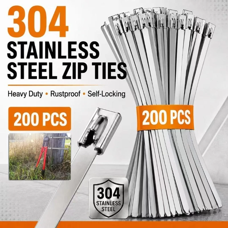 150/200/250/300mm Self Locking Stainless Steel Cable Ties Metal Heavy Duty Fastening Cables Zip Tie Strap Exhaust Wrap Organizer