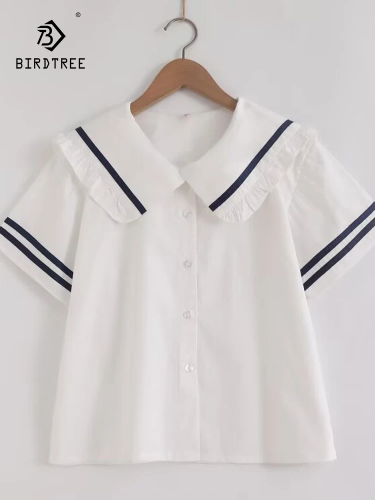 جديد 2025 قميص قطني بأكمام قصيرة للخريف ، زر مرقع بياقة بحار للسيدات ، بلوزة فضفاضة على طراز موري جيرل على طراز بريبي T570108CC