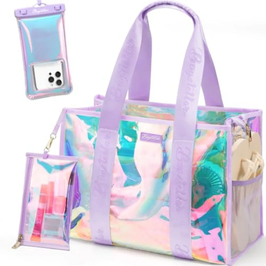 

Bagstellar Iridescent Beach Tote Bags for Women, Large Zipper Beach Pool Swim Bag with Makeup Bag and Waterproof Phone Pouch Wa