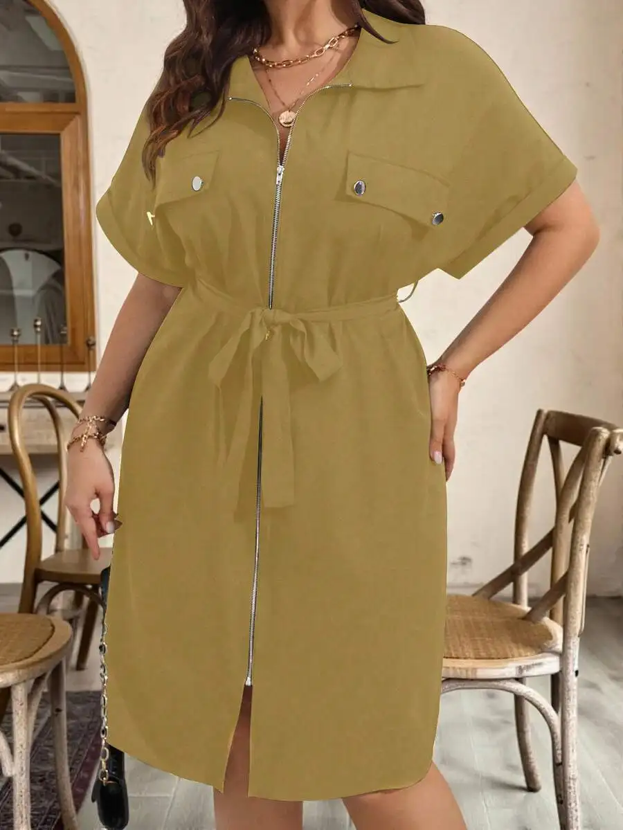 

Solid Color Zipper Belted Batwing Sleeve Summer Dress For Women