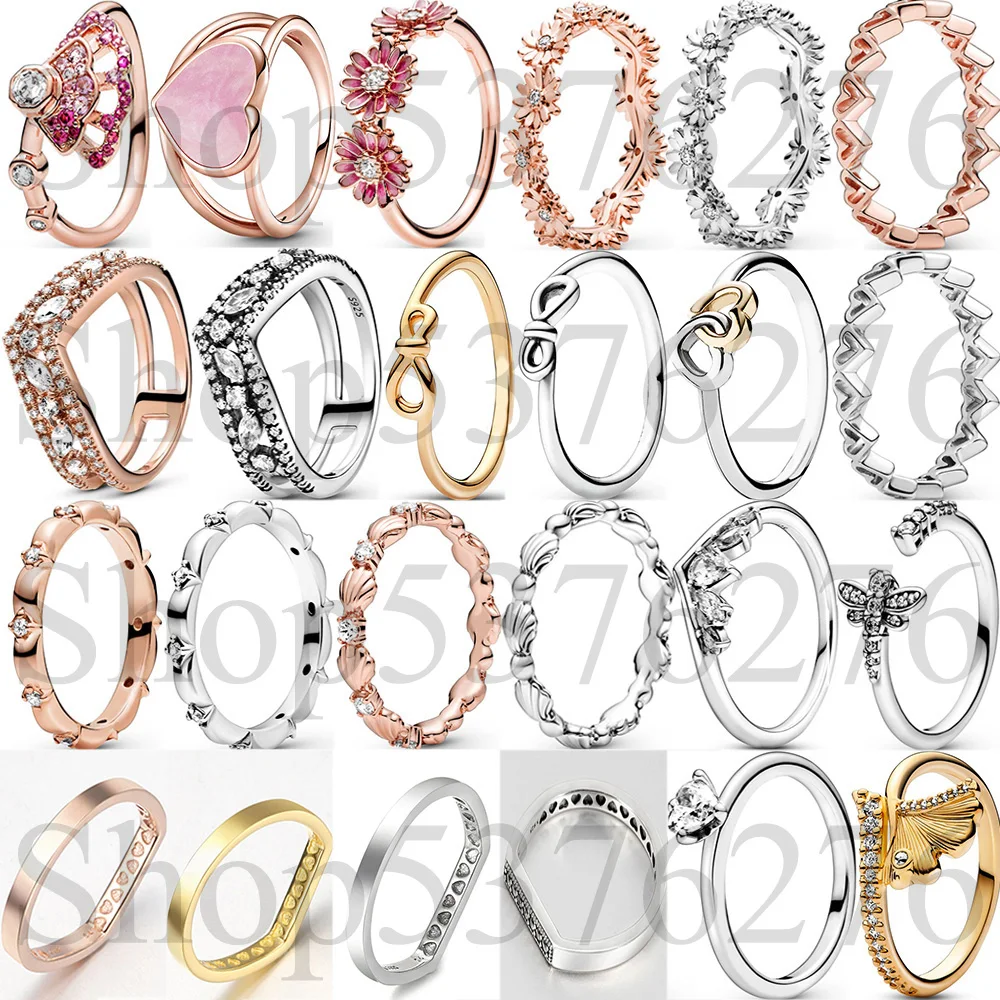 

925 Sterling Silver Pear Marquise Double Wishbone Infinity Knot Logo Bar Pink Fan Leaf Fashion Ring For Women Gift DIY Jewelry