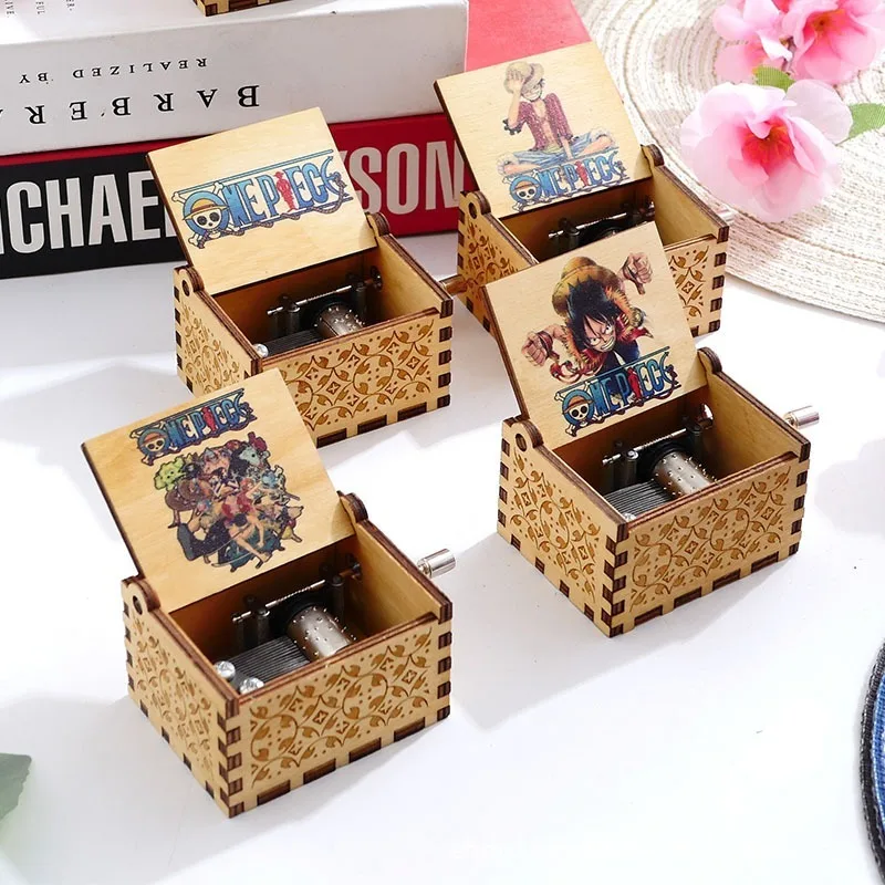 Caja de Música de Madera Tallada a Mano con Manivela, Diseño de One Piece, Regalo de Navidad o Cumpleaños, Mercancía de Anime