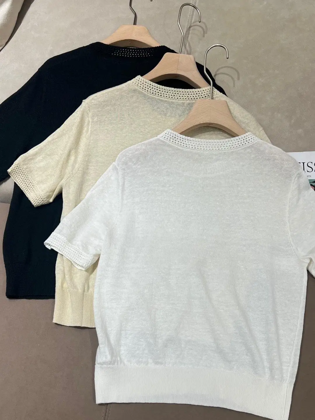 Summer Versatile Breathable Ultra Thin 100% Linen Round Neck Short Sleeve Knitted Shirt