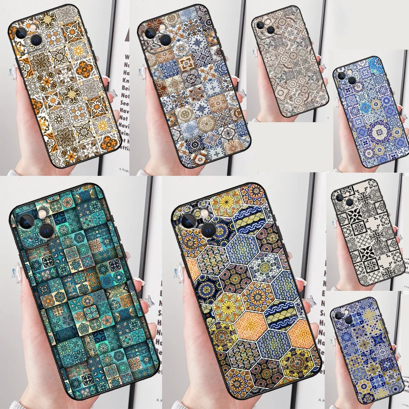 Boho Tile Mosaic Aesthetic Case For iPhone 16 15 Pro Max Plus 12 13 Mini 11 14 Pro Max XS X XR SE 2020 2022 Cover