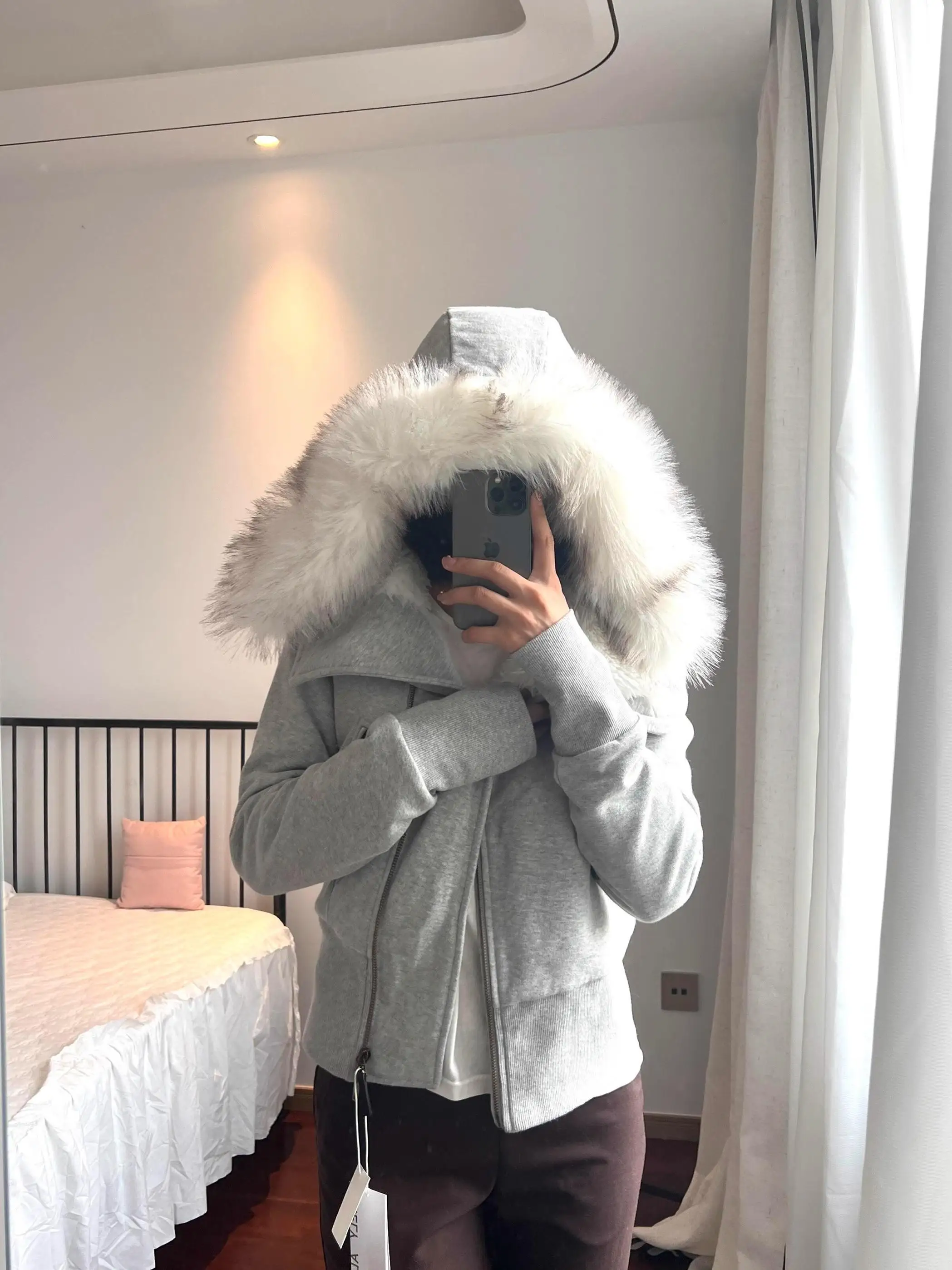 Gray Hooded Jacket Women's Autumn Winter Thickened Warm Short Zipper Cardigan Top Fleece Lined Regular Sleeve Long Hoodie