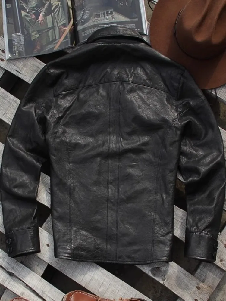 Punk Mens Genuine Leather Jacket Vintage Single Breasted Slim Fit Spring Motorcycle Coat Long Sleeve Cargo Work Male Outerwear