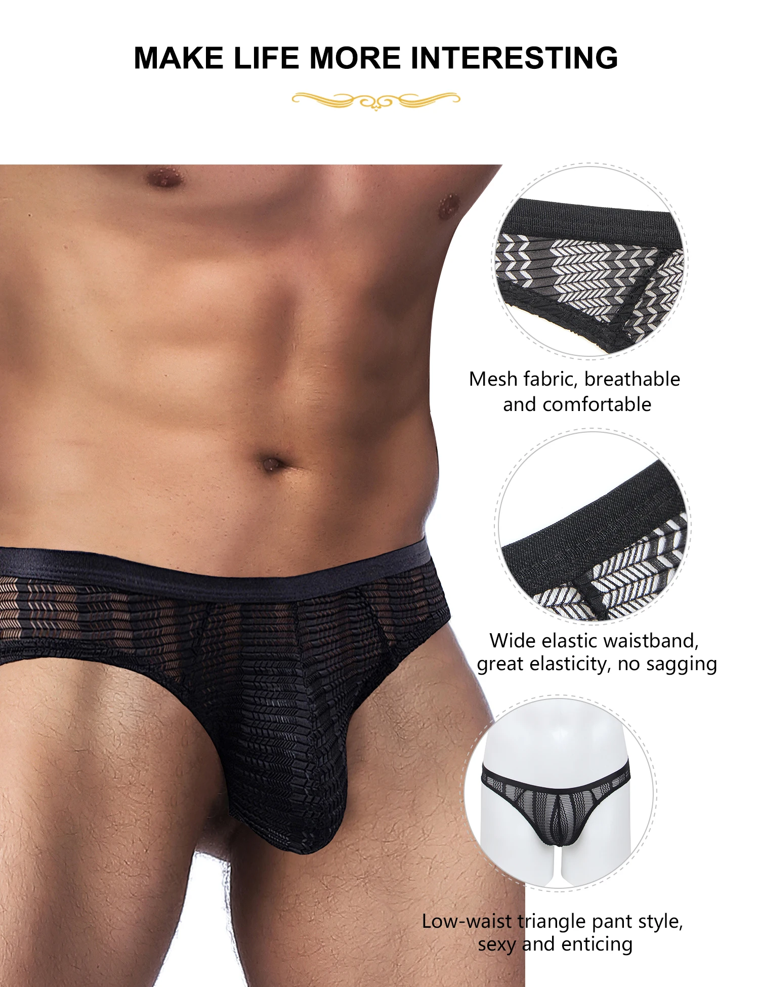 Comeondear Men's panties Sexy Black Mesh Jockstrap Thongs Masculinity underpants U Convex Pouch Erotic Triangle Briefs Lingrie