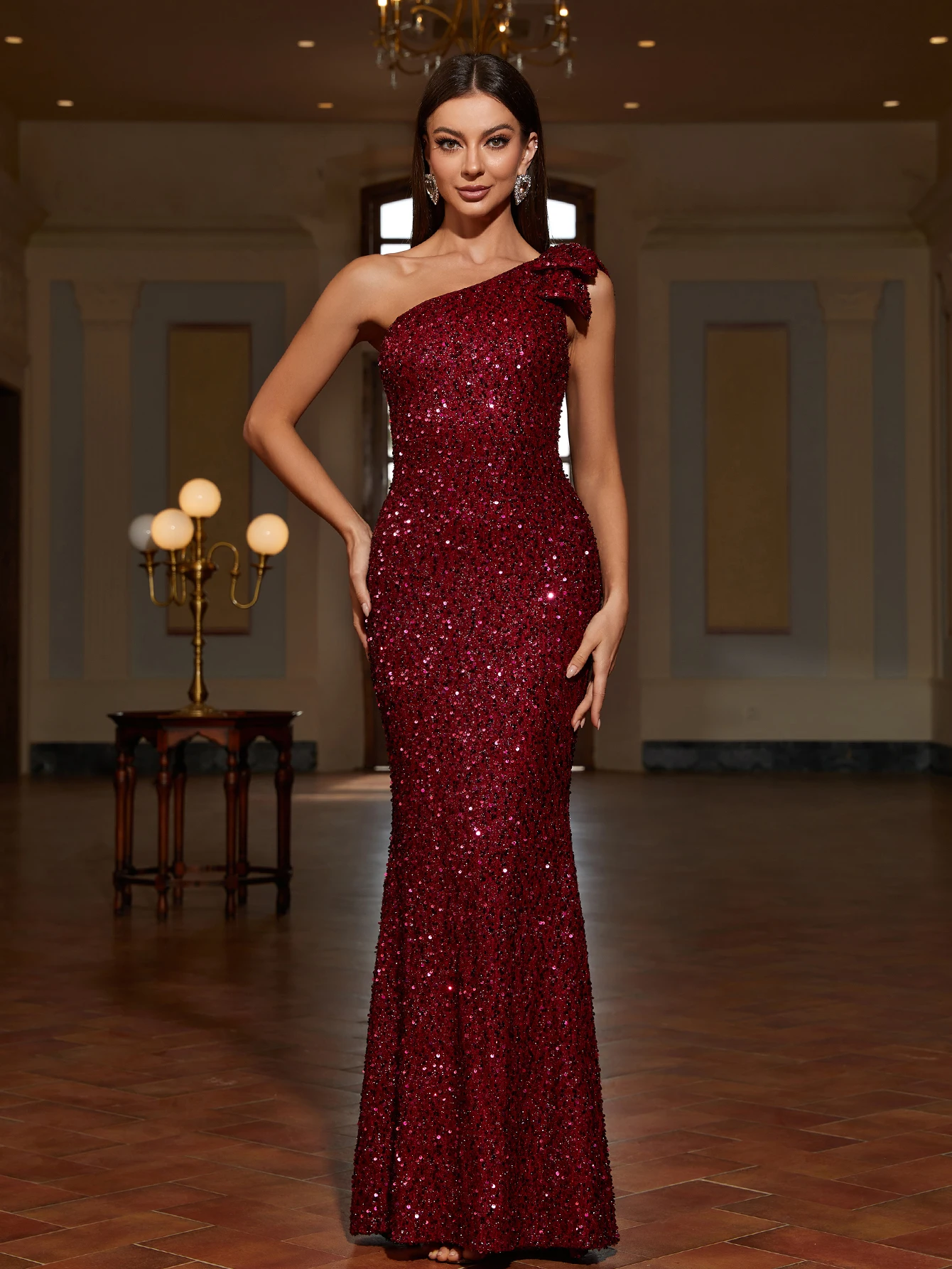 

Burgundy Off-The-Shoulder Sequin Dress