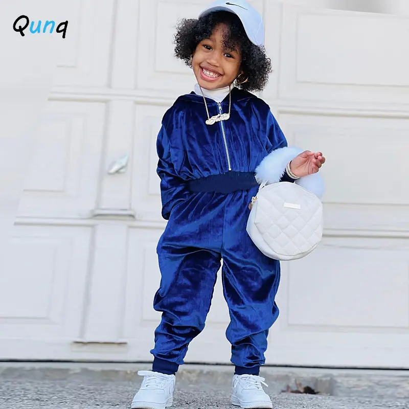 Qunq Autumn Winter Boys And Girls Solid Velvet Long Sleeve Hooded Zipper Pencil Jumpsuit Streets Fashion Kids Clothes Age 3T-8T