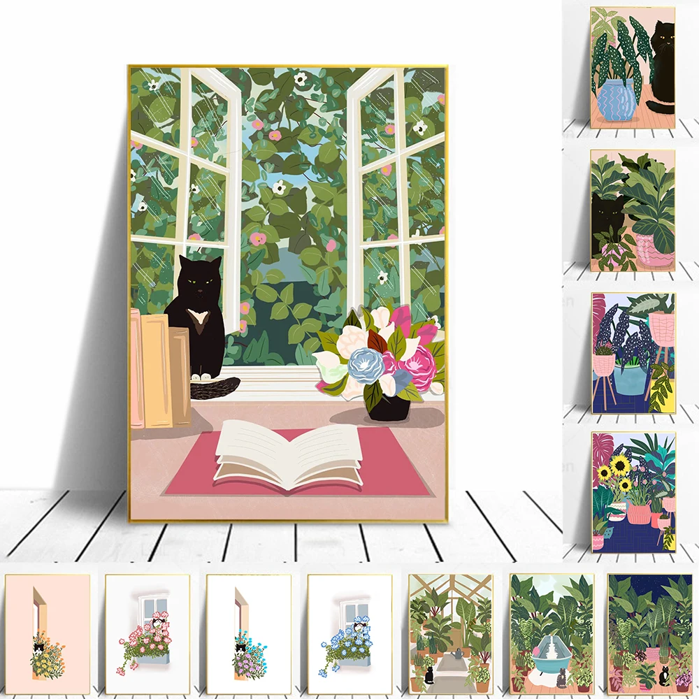 

Modern Multicolored Garden Plants Black Cat Poster Nordic Canvas Painting Wall Art Picture Print Living Room Bathroom Home Decor