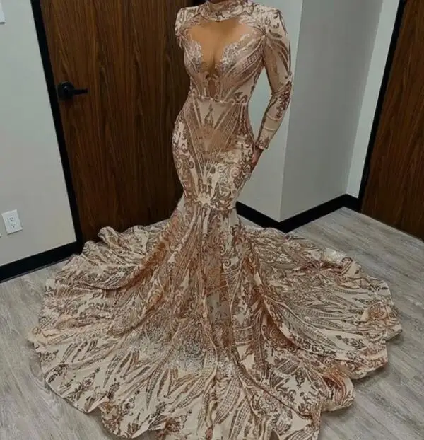 Champagne African American Prom Dresses Mermaid Long Sleeves Lace Black Girls Robe De Soiree Evening Dress Gown Customized