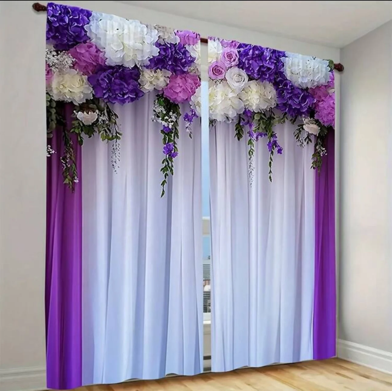 Purple floral arched pattern printed curtains, pole bag curtains, bedroom and living room, home decoration, room decoration