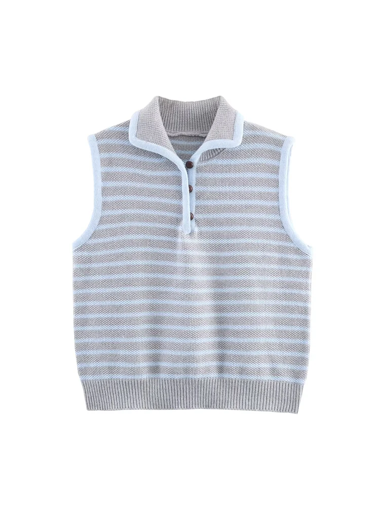 

European style new women's fashion versatile elegant simple collar striped button embellished knitted sleeveless vest
