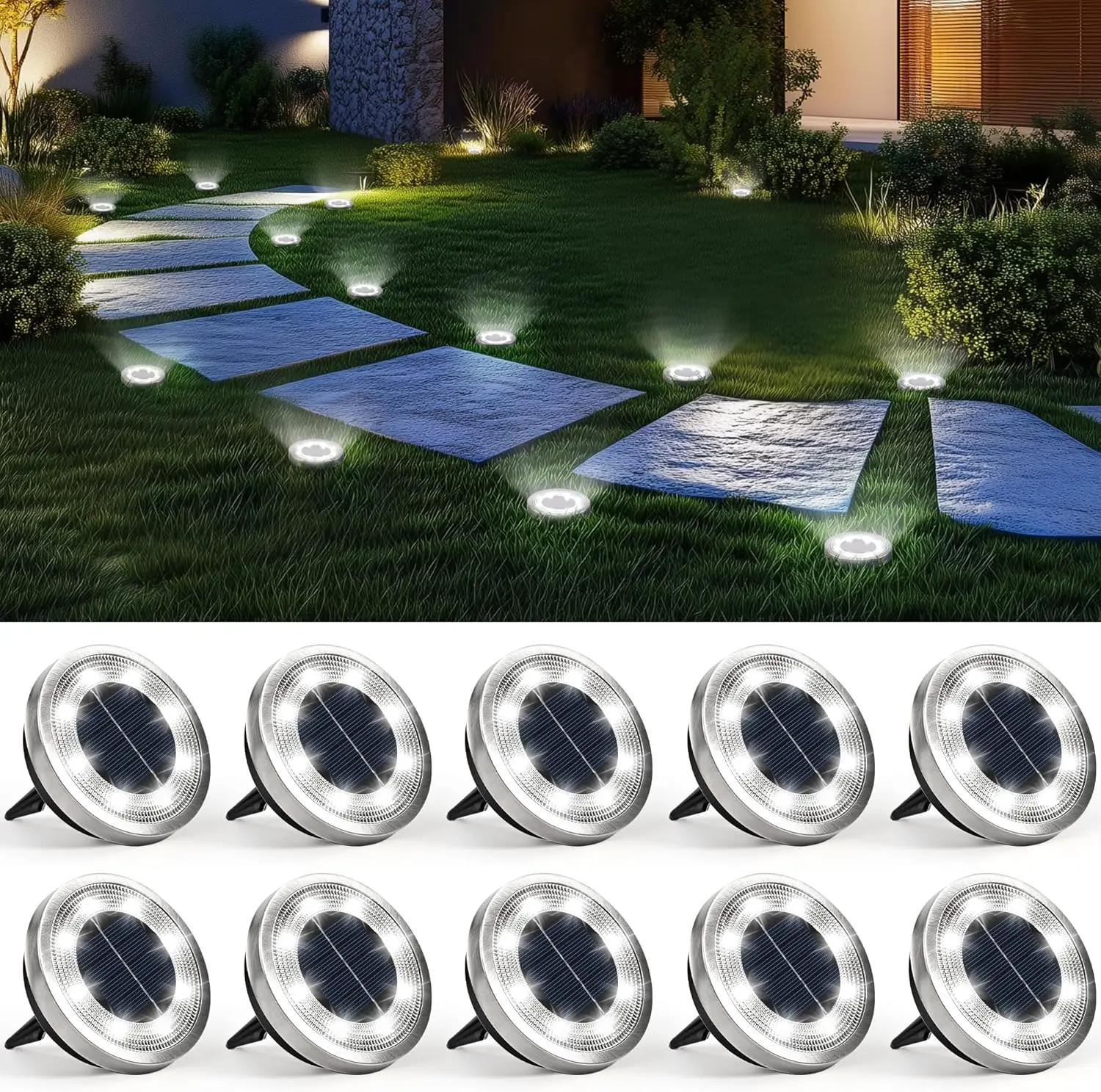 

10 Pack Solar Ground Lights Outdoor Waterproof, Pathway Garden Walkway Driveway Backyard Decor Lighting (Cool White)
