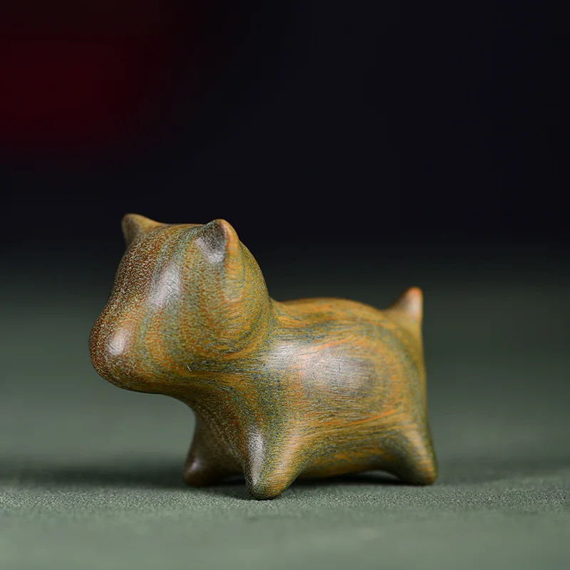 Green Sandalwood Carved Cartoon Dog Figurine Wealth Mini Statue Hand Play Wenwan Ornament for Men Women Desktop Decor