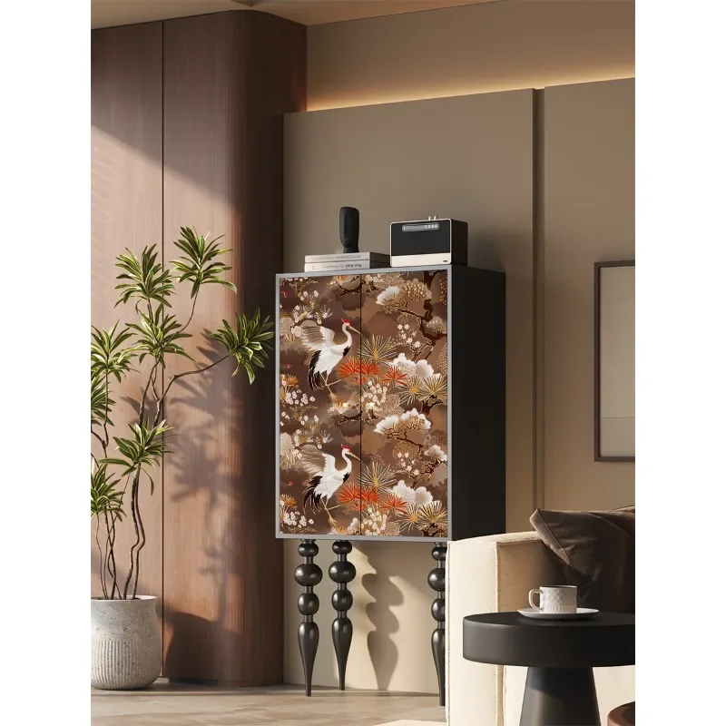 Solid wood high-footed chest, antique crane, living room storage, sofa side cabinet, bedroom integrated storage cabinet
